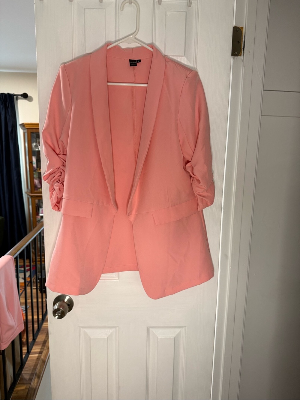 SHEIN Coral Pink Open-Front Ruched-Sleeve Blazer and cropped pant set